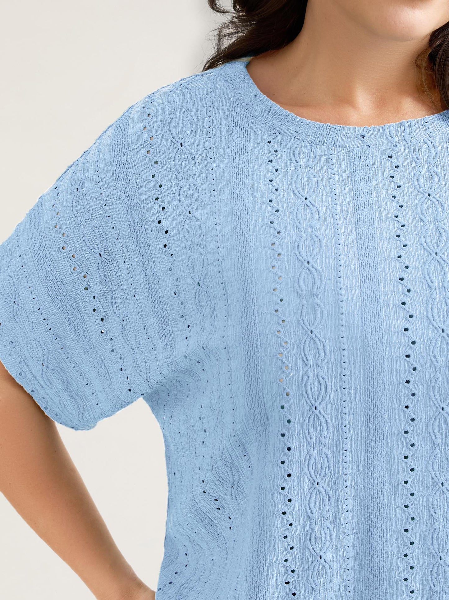 Eyelet Trim Stretchy Textured Plain Top