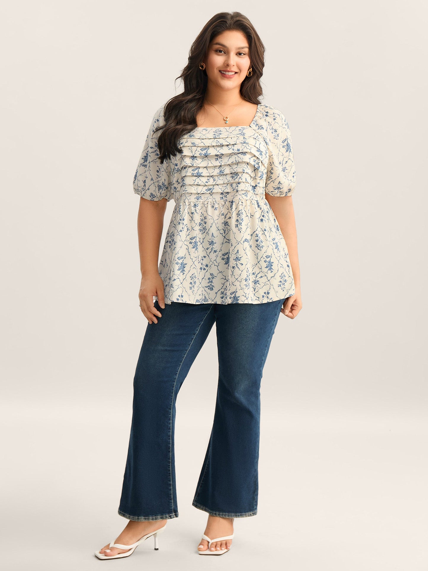 Floral Pleated Bodice Puffy Sleeve Blouse