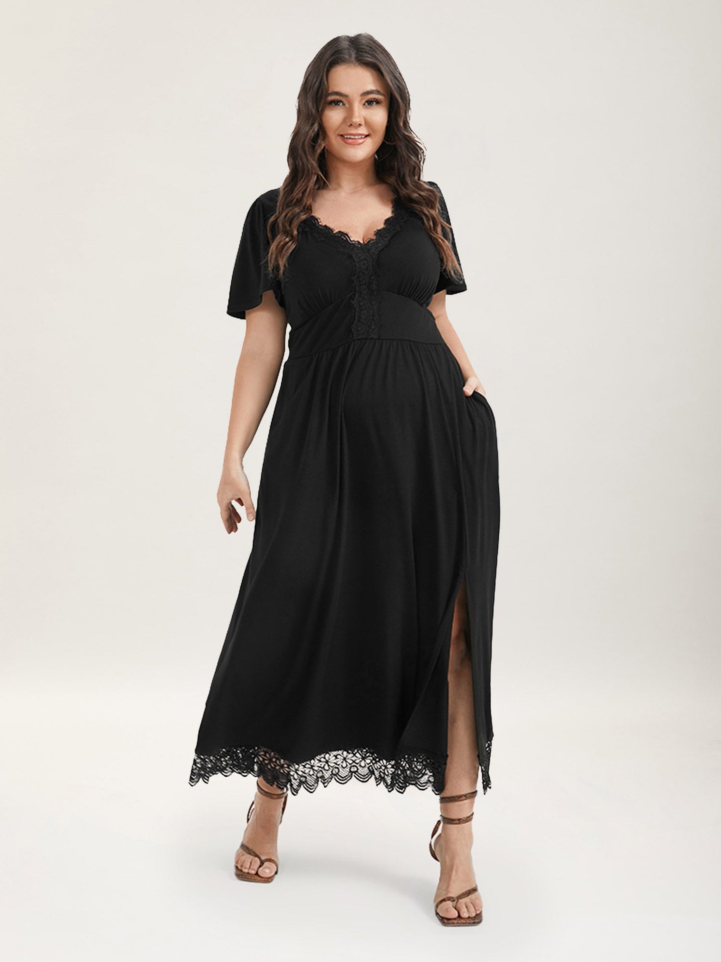 Solid Pocket Contrast Lace Split Maxi Dress