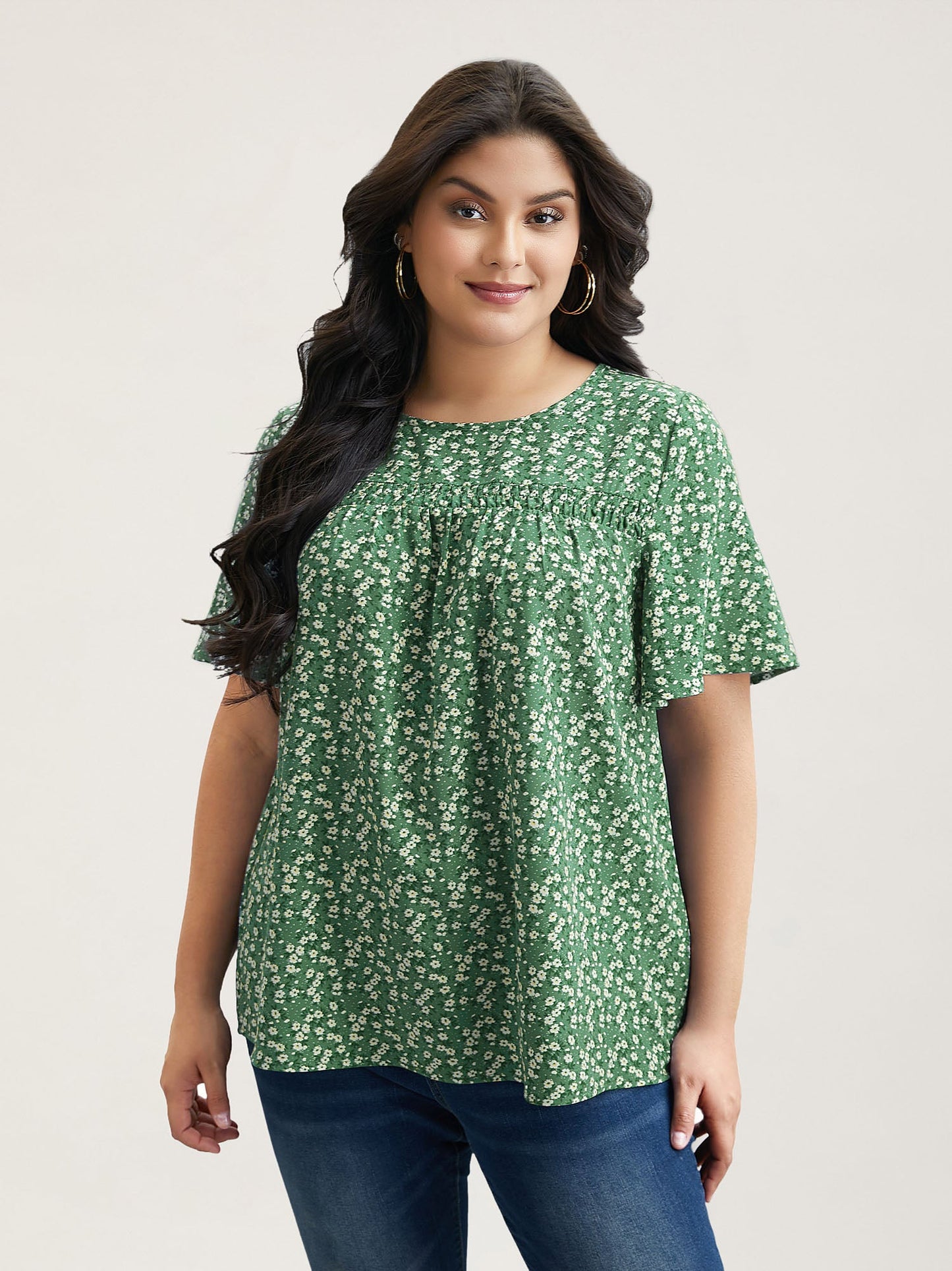 Floral Ruffle Sleeve Gathered Round Neck Blouse