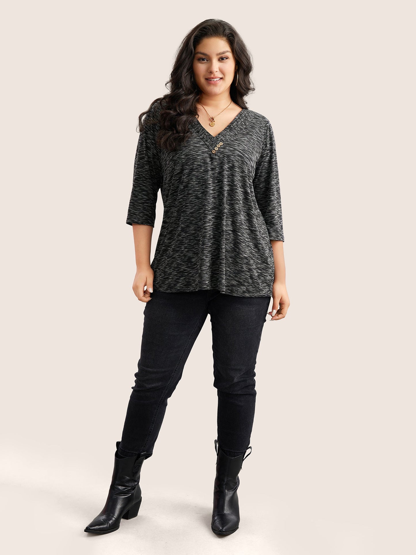 Heather Pleated Button Detail T-shirt