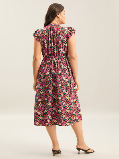 Floral Print Shirred Pockets Midi Dress