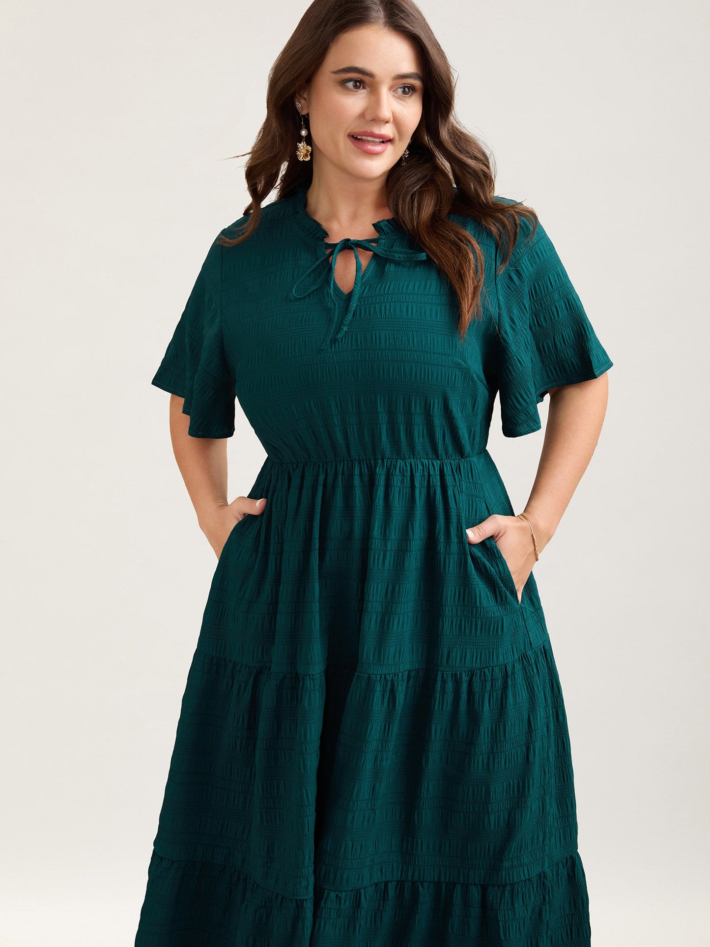 Stretchy Waist Frill Trim Pockets Midi Dress