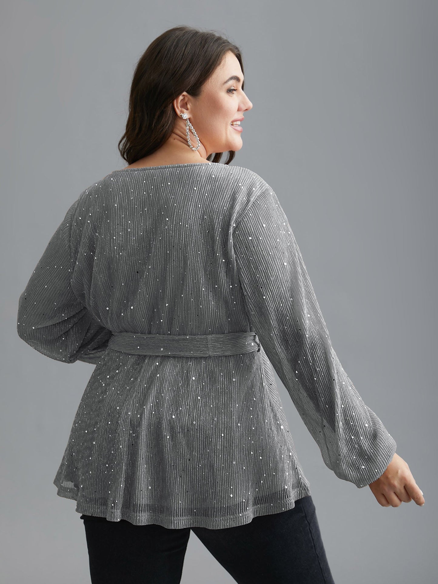 Sequin Mesh Lantern Sleeve Wrap Belted Striped Blouse