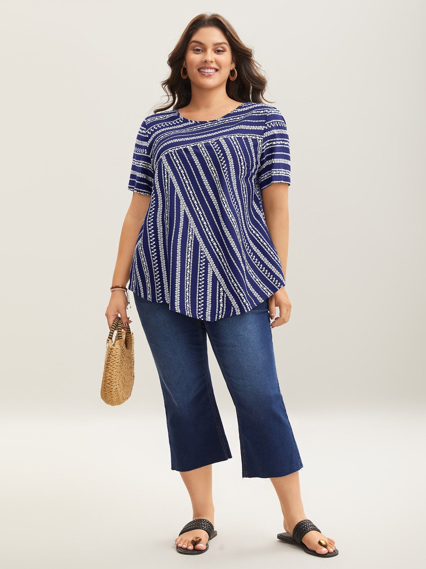 Striped Overlap Print Curvy Hem Blouse