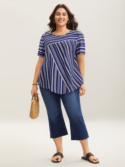Striped Overlap Print Curvy Hem Blouse