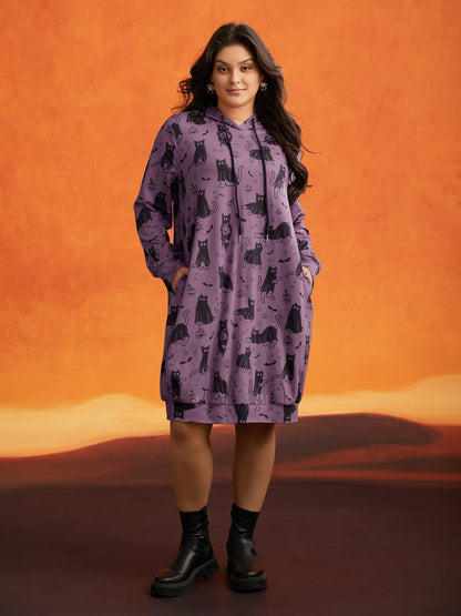 Pumpkin Cat Printed Hooded Midi Dress