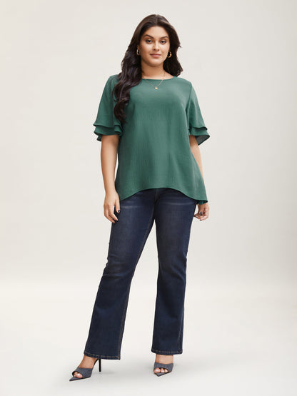 Solid Tiered Ruffles Split Hem Blouse