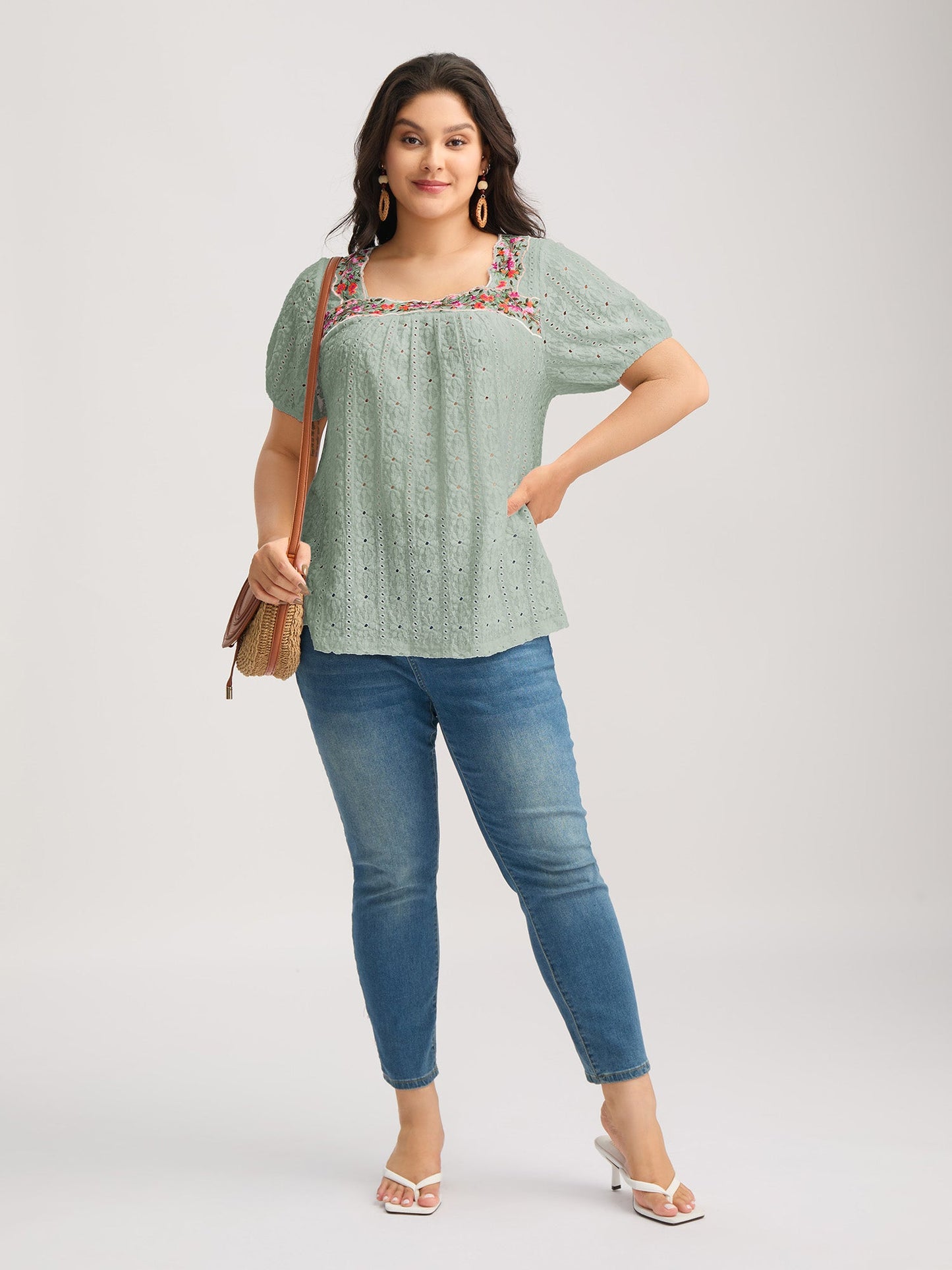Eyelet Trim Floral Embroidered Solid T-Shirt
