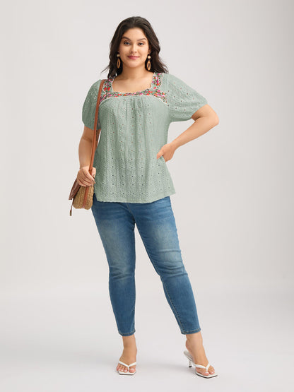 Eyelet Trim Floral Embroidered Solid T-Shirt