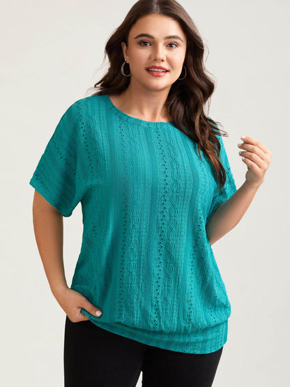 Eyelet Trim Stretchy Textured Plain Top
