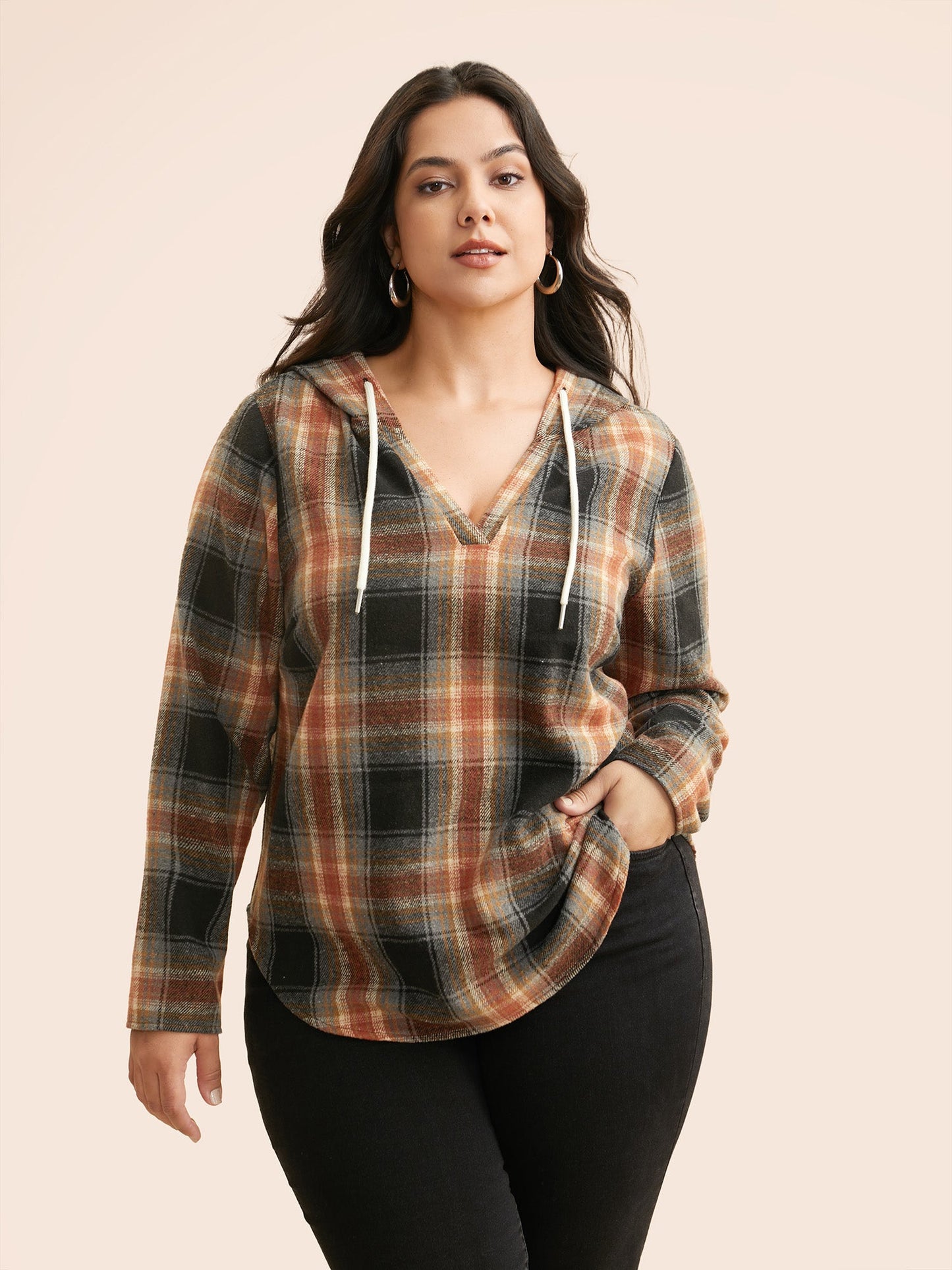 Brushed Fabric Plaid Hooded Sweatshirt