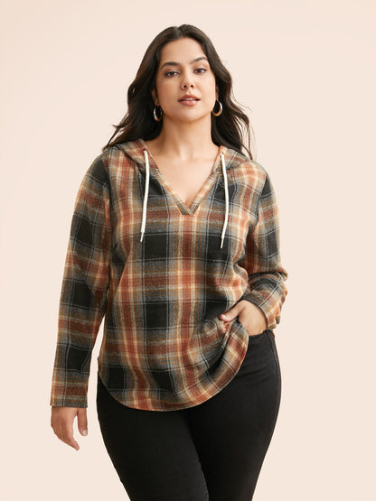 Brushed Fabric Plaid Hooded Sweatshirt