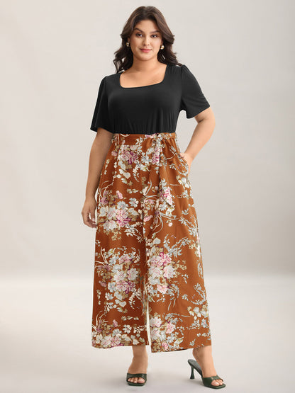 Color Contrast Belted Panel Pockets Jumpsuit