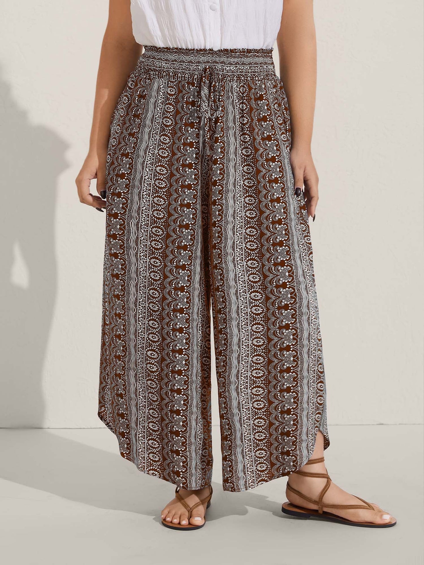 Boho Print Shirred Waist Wide-Leg Pants