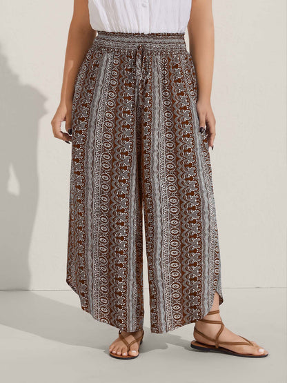 Boho Print Shirred Waist Wide-Leg Pants