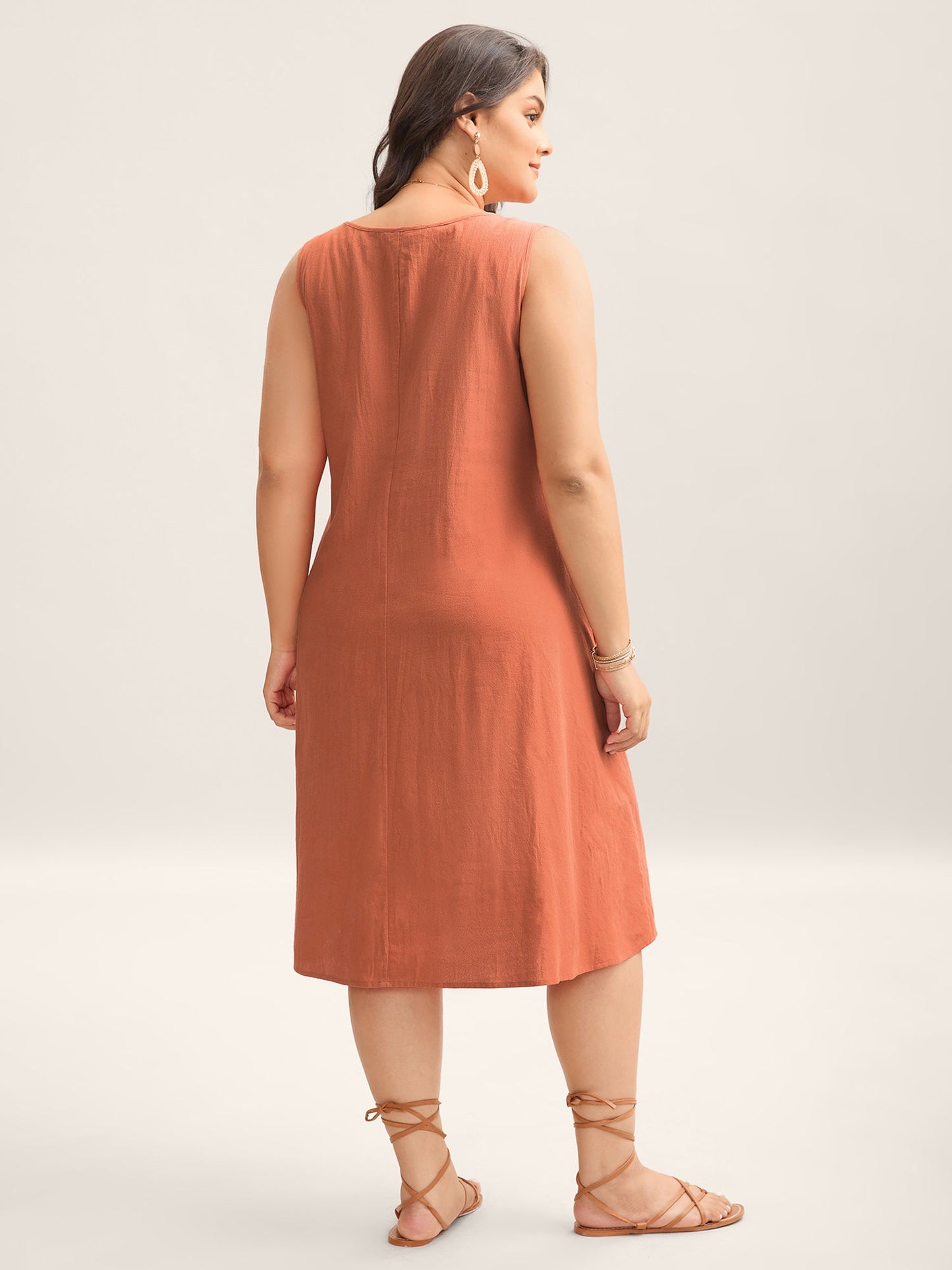 Cotton Toothpick Pleat Plain Midi Dress