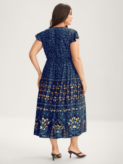 Rayon Garden Fresh Ruffled Sleeve Midi Dress