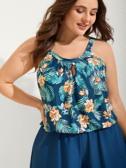 Floral Print Keyhole Pockets Swim Romper