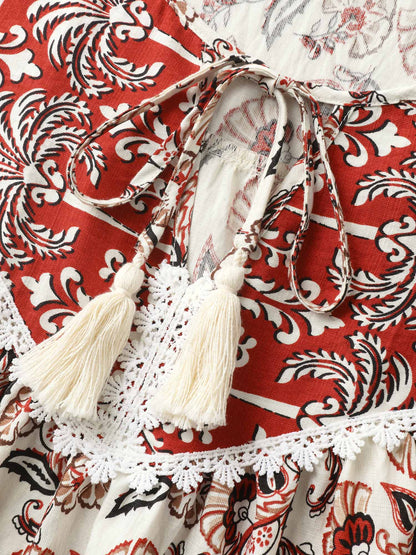 Boho Floral Print Neck Tassels Blouse