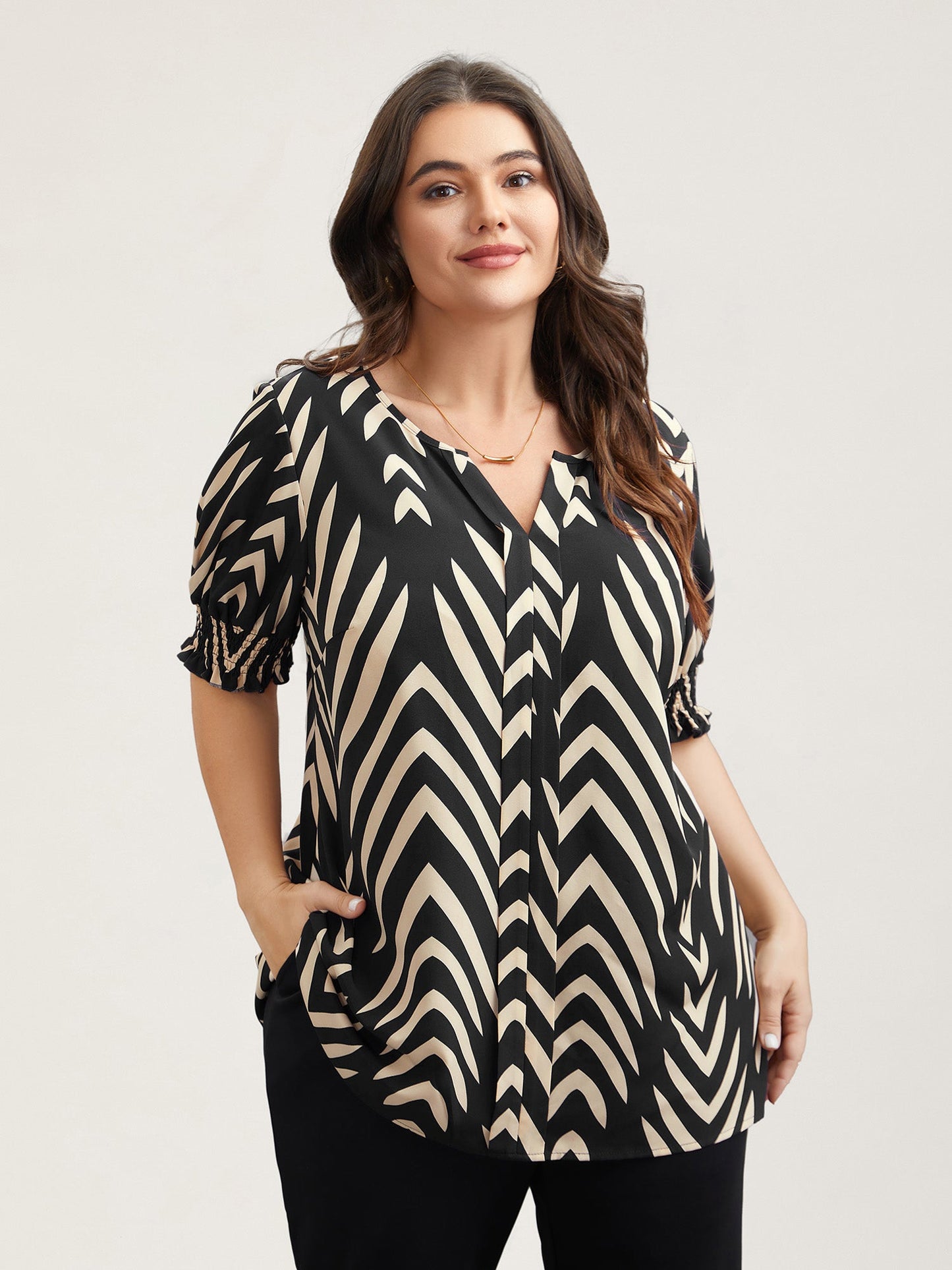 Geometric Print Ruffled Shirred Shirt