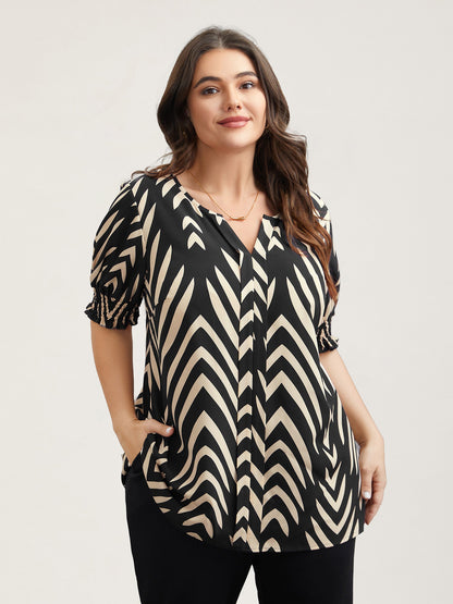 Geometric Print Ruffled Shirred Shirt