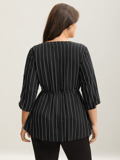 Striped Waist-Tie Pockets Blouse