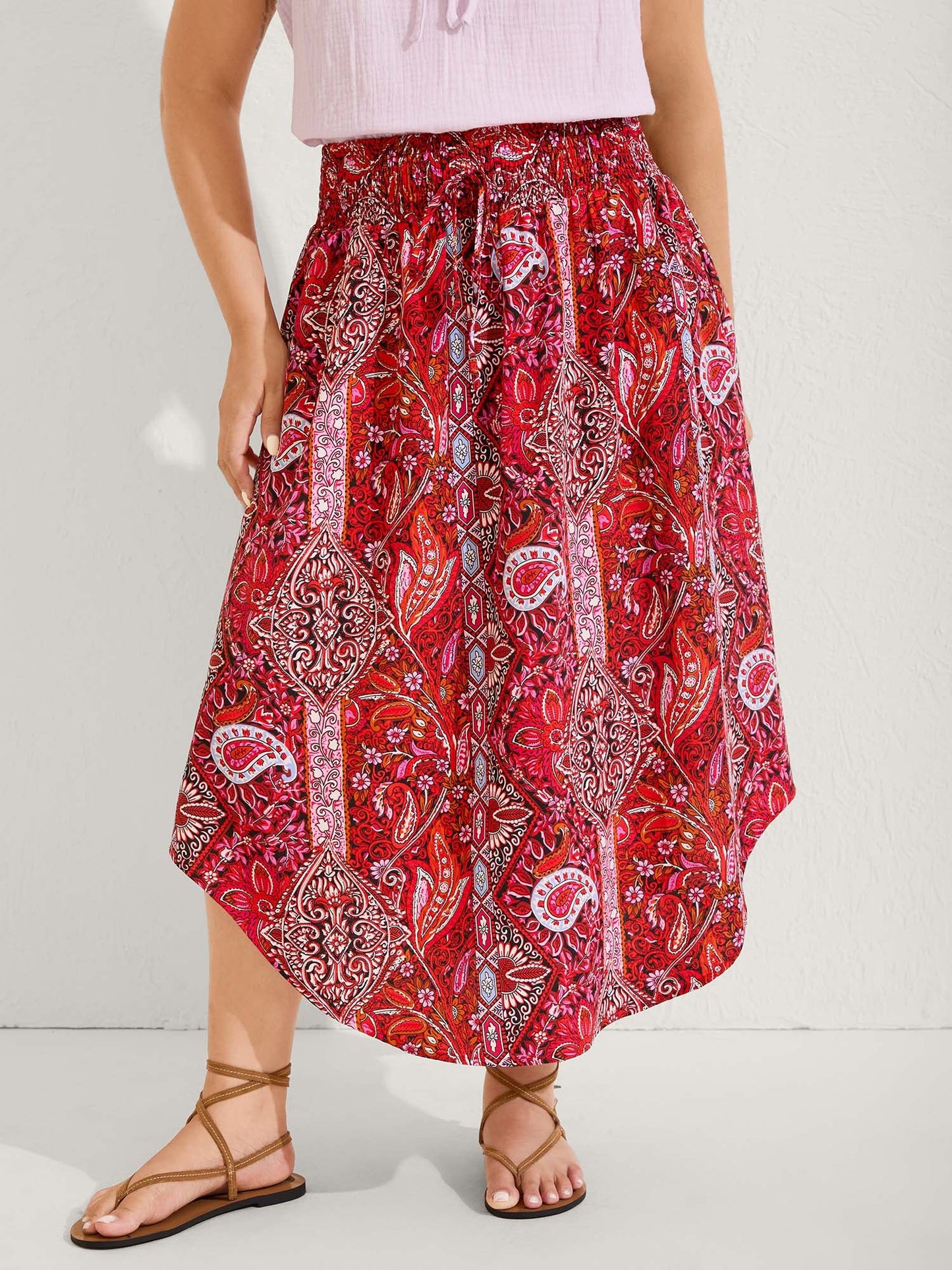 Boho Print Shirred Waist Midi Skirt