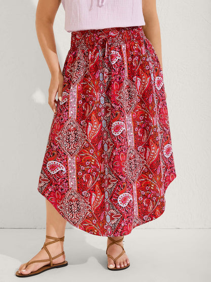Boho Print Shirred Waist Midi Skirt