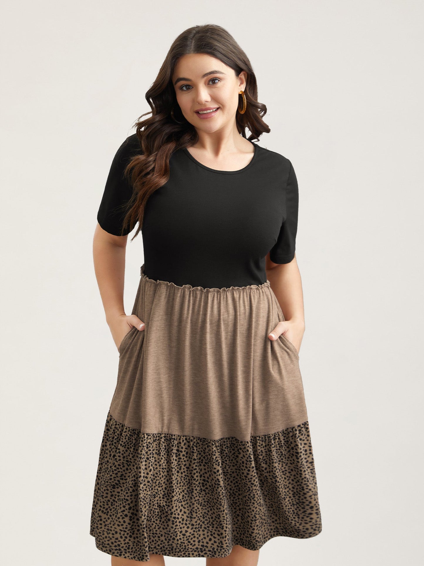 Leopard Print Color-Block Pockets Midi Dress