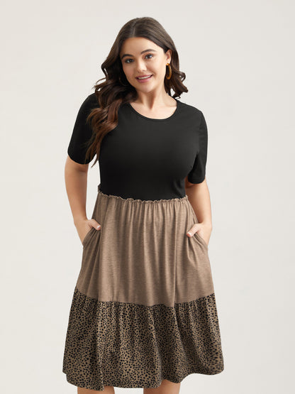 Leopard Print Color-Block Pockets Midi Dress