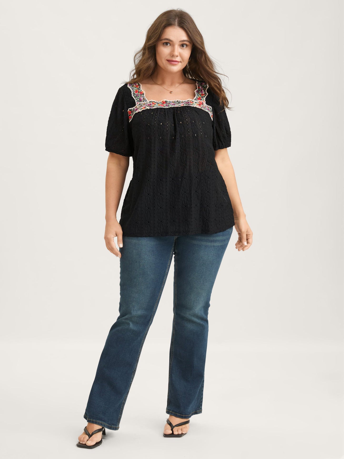 Eyelet Trim Floral Embroidered Solid T-Shirt