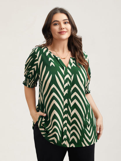 Geometric Print Ruffled Shirred Shirt