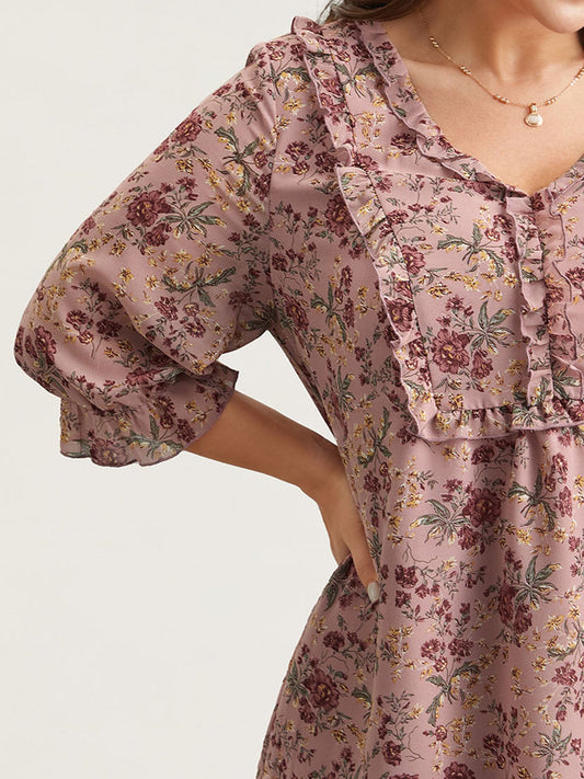 Chiffon Floral Print Ruffled Neck Flowy Shirt
