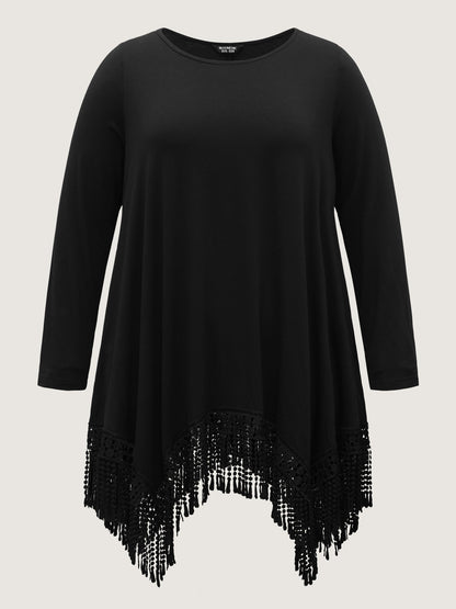 Solid Tassels Trim Pocket Asymmetrical Hem T-shirt