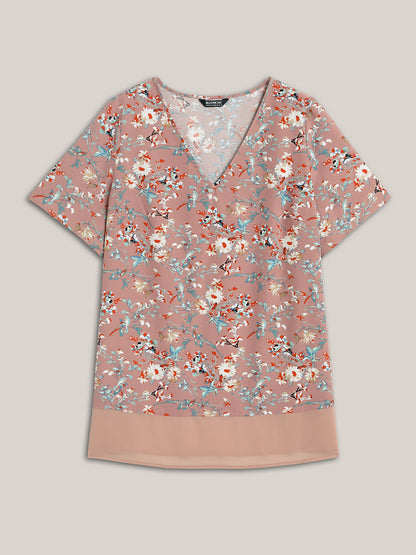 Garden Print Spliced V-Neck Blouse