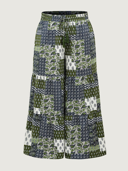 Floral Collage Drawstring Wide-Leg Pants