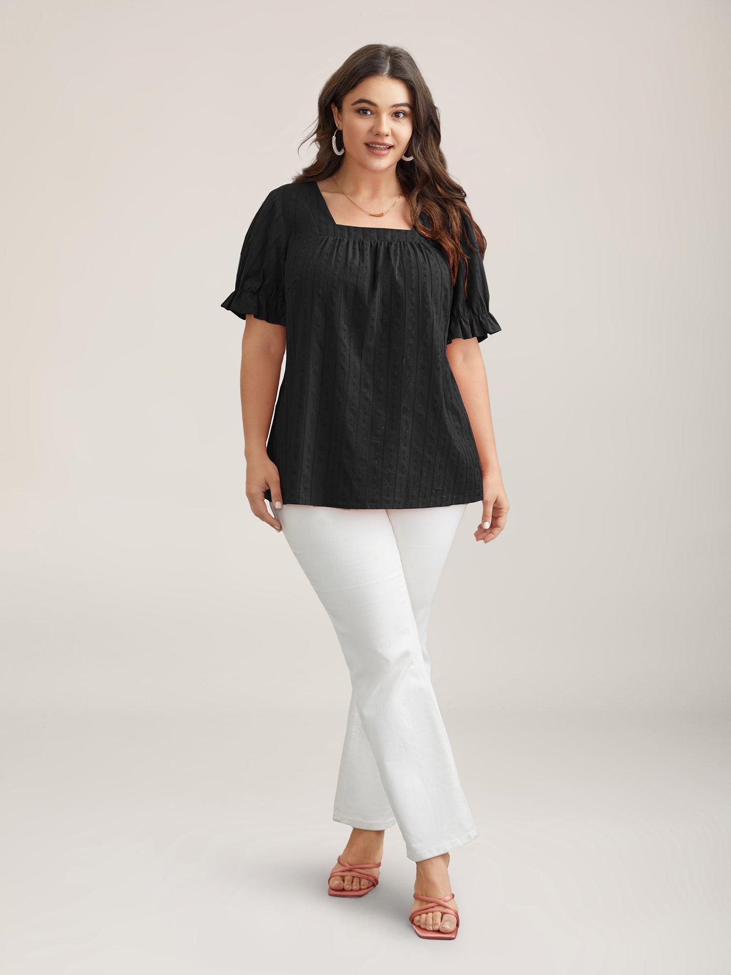 Cotton Square Neck Ruffled Sleeve Shirt
