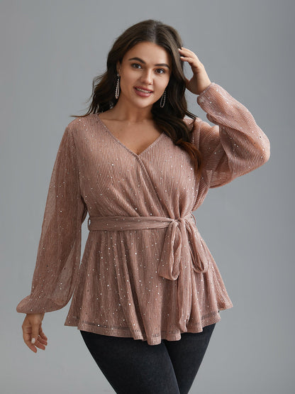 Sequin Mesh Lantern Sleeve Wrap Belted Striped Blouse