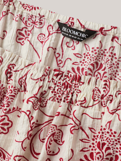 Floral Print Shirred Neck Flowy Blouse