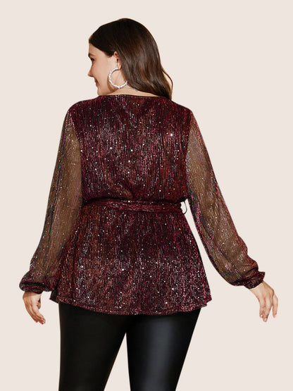 Sequin Mesh Lantern Sleeve Wrap Belted Striped Blouse