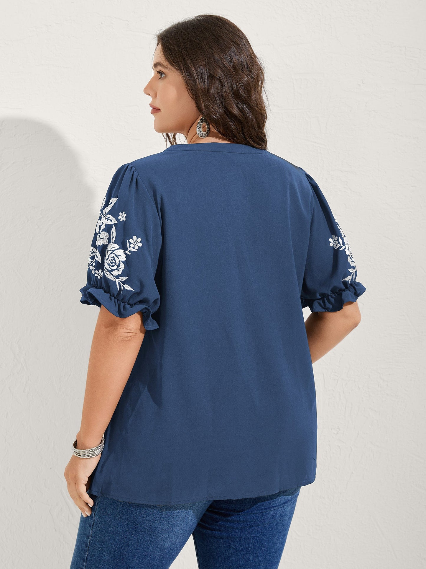 Notched Collar Embroidered Ruffled Blouse