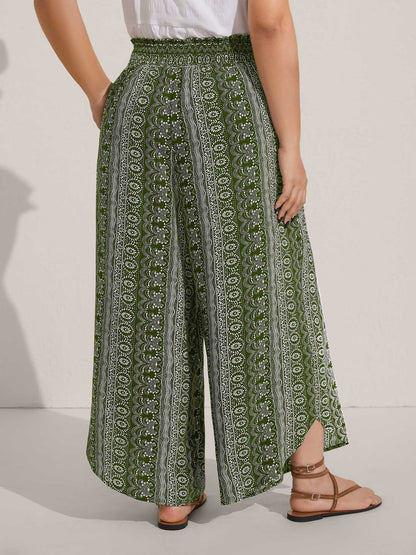 Boho Print Shirred Waist Wide-Leg Pants