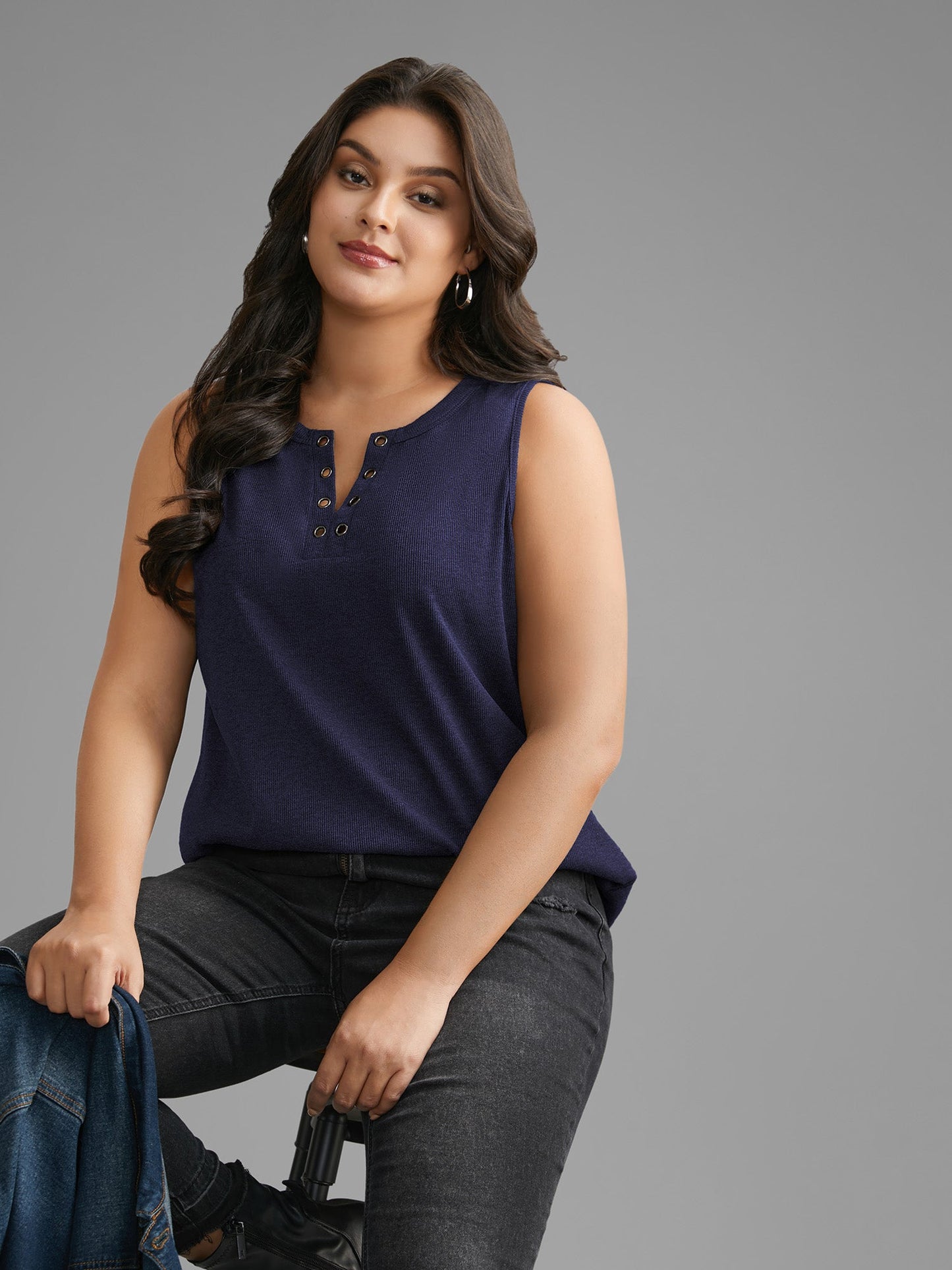 Notched Collar Eyelet Tank Top