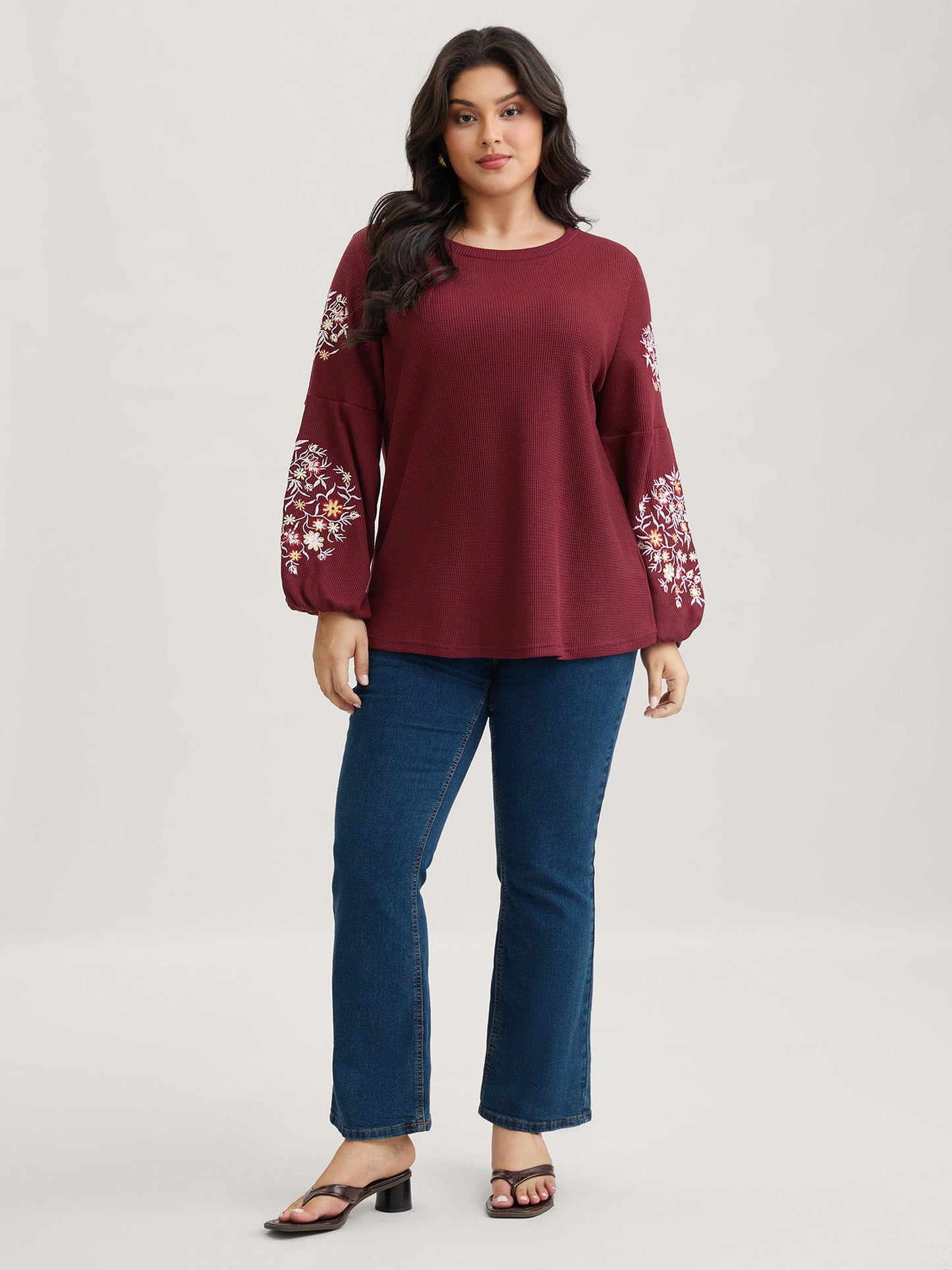 Waffle Knit Floral Embroidered Lantern Sleeve T-shirt