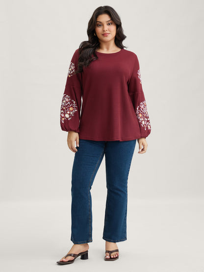 Waffle Knit Floral Embroidered Lantern Sleeve T-shirt