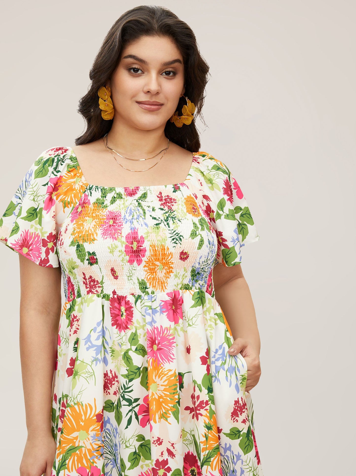 Floral Shirred Square Neck Pocket Midi Dress