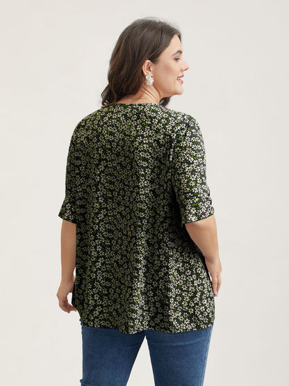 Ditsy Floral Pleated Flared Sleeve Shirt