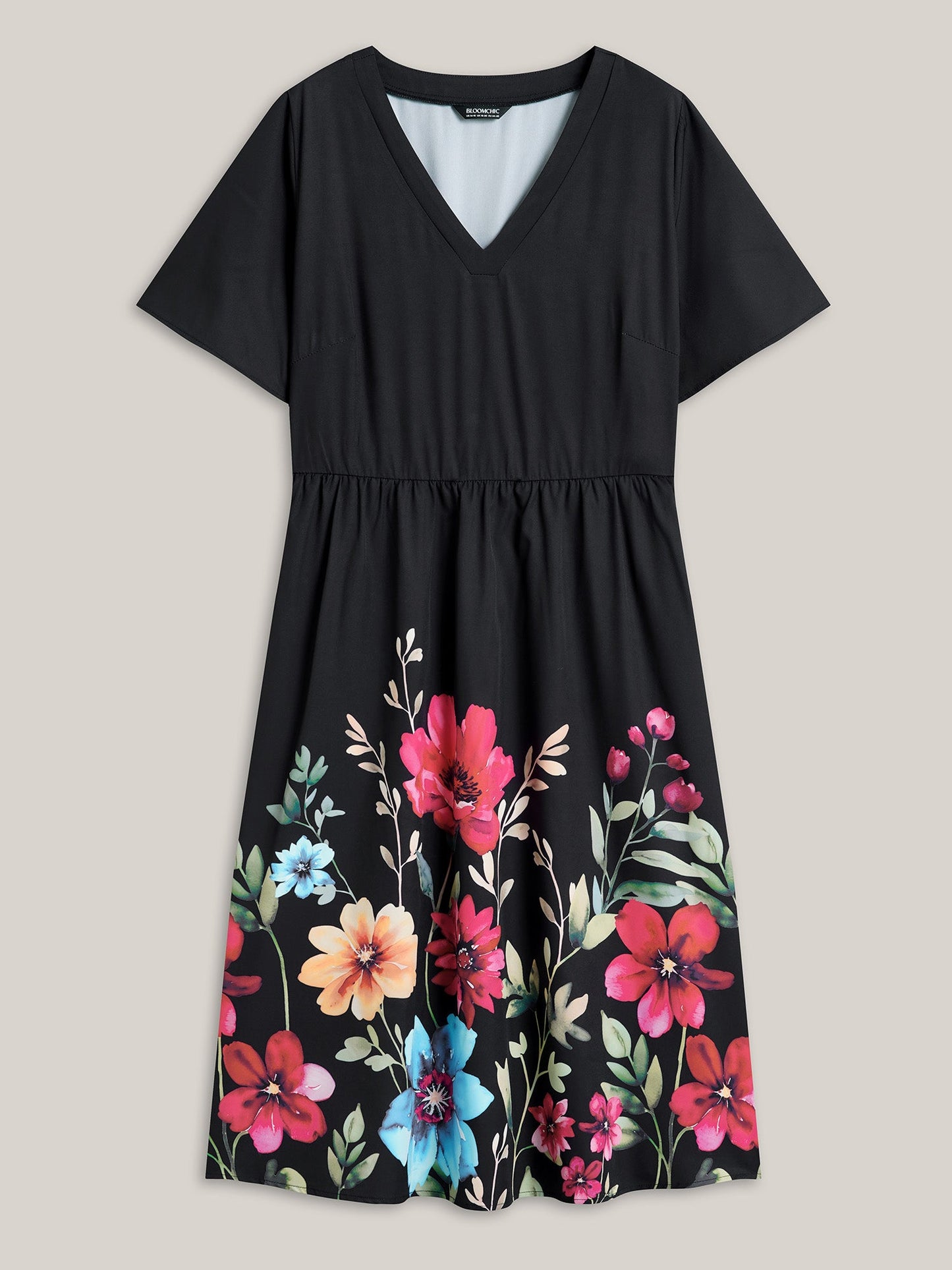Floral Print V-Neck Half-Sleeve Midi Dress