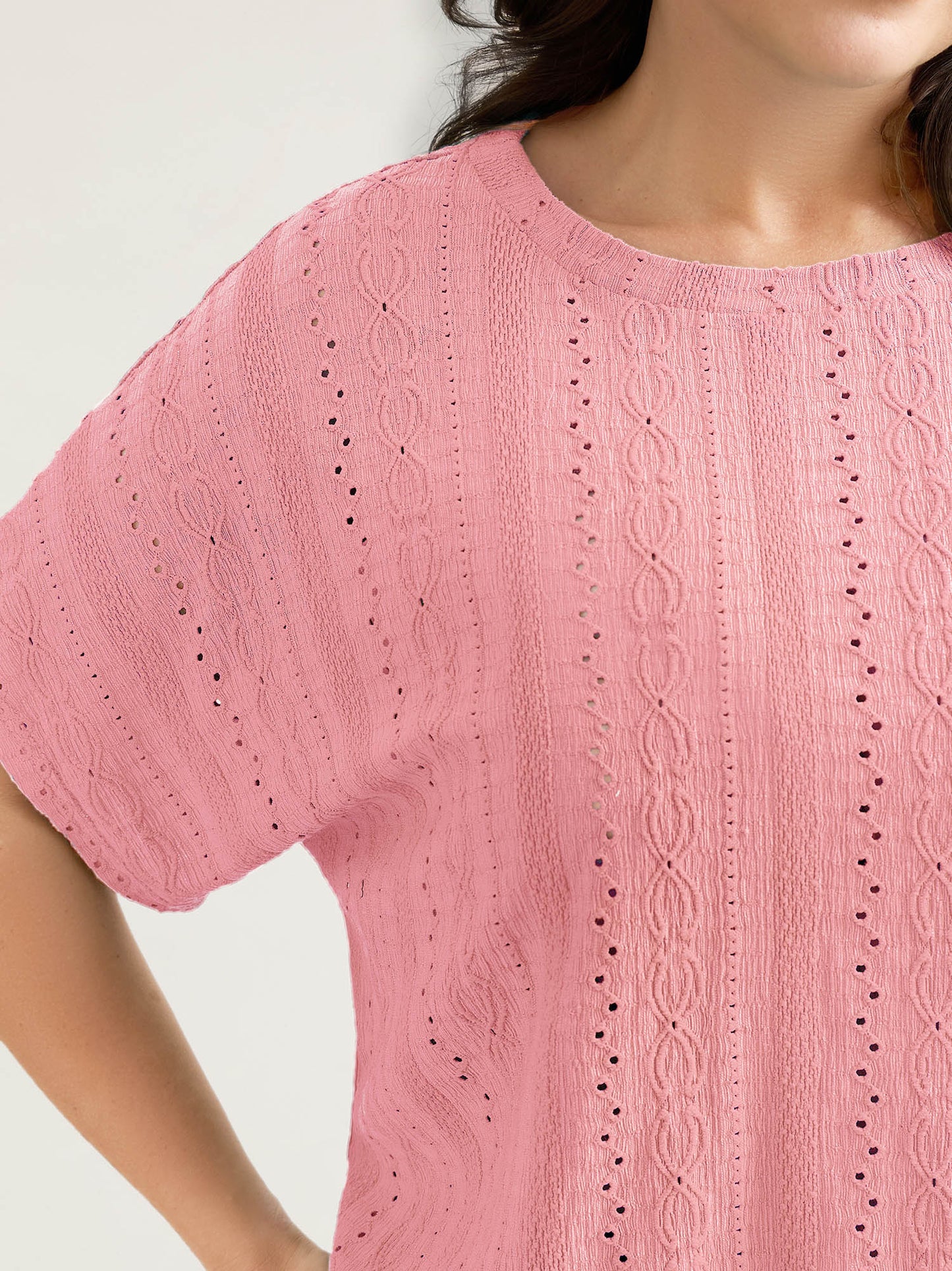 Eyelet Trim Stretchy Textured Plain Top